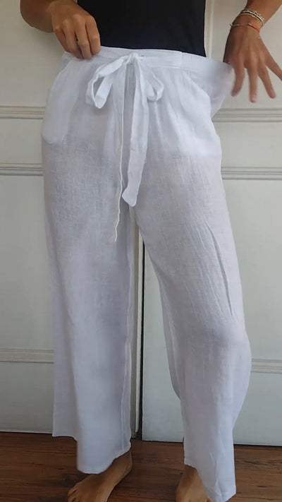 Pantalon Rayé en Coton et Lin