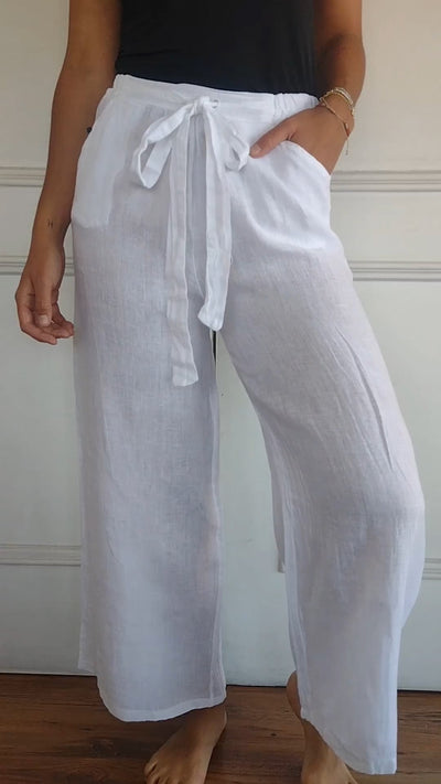Pantalon Rayé en Coton et Lin