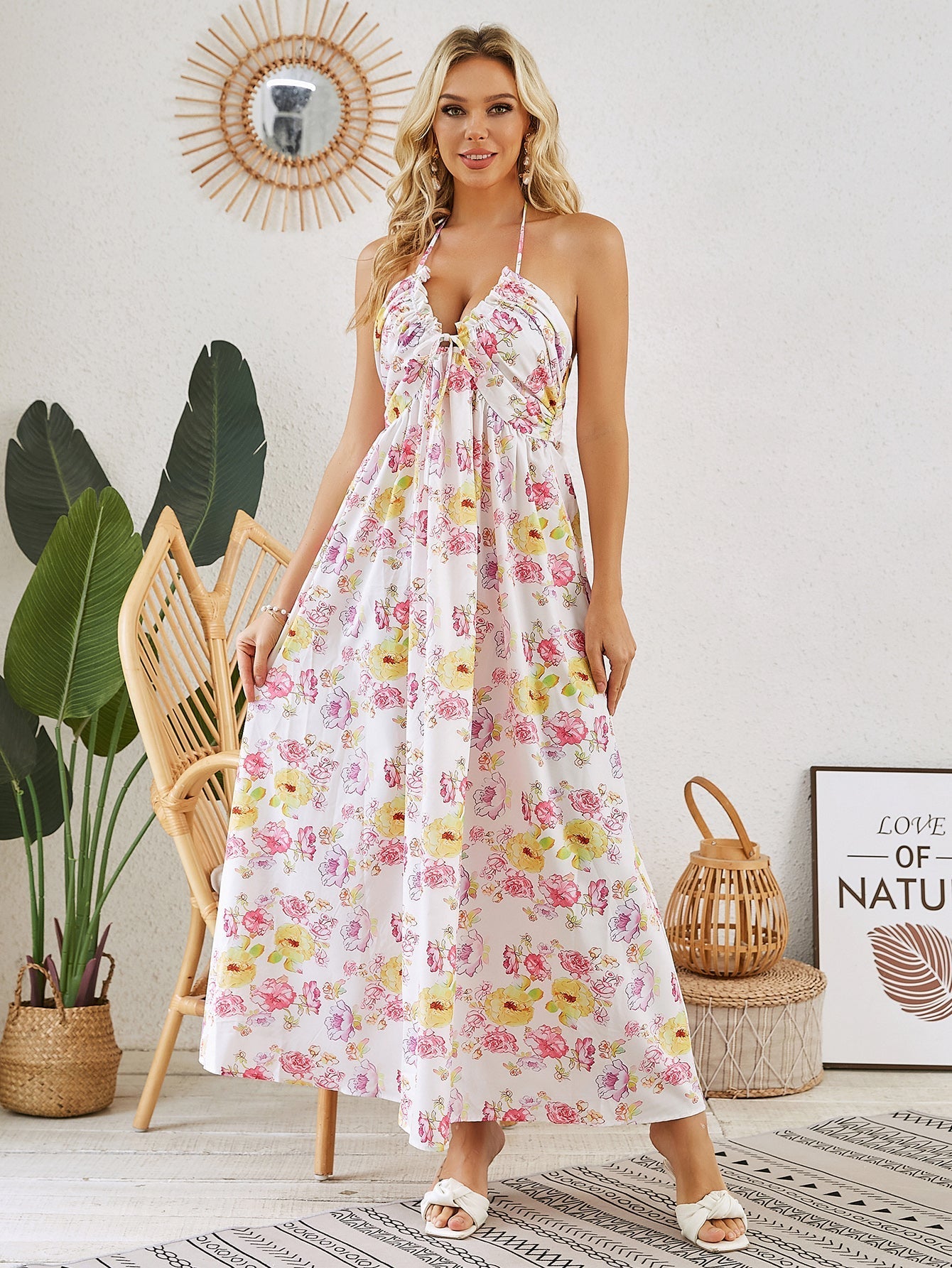 Sleeveless Print Tie Pleated Dress