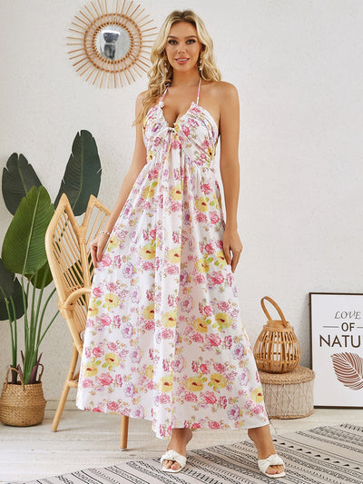 Sleeveless Print Tie Pleated Dress