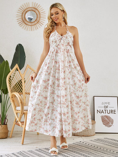 Sleeveless Print Tie Pleated Dress