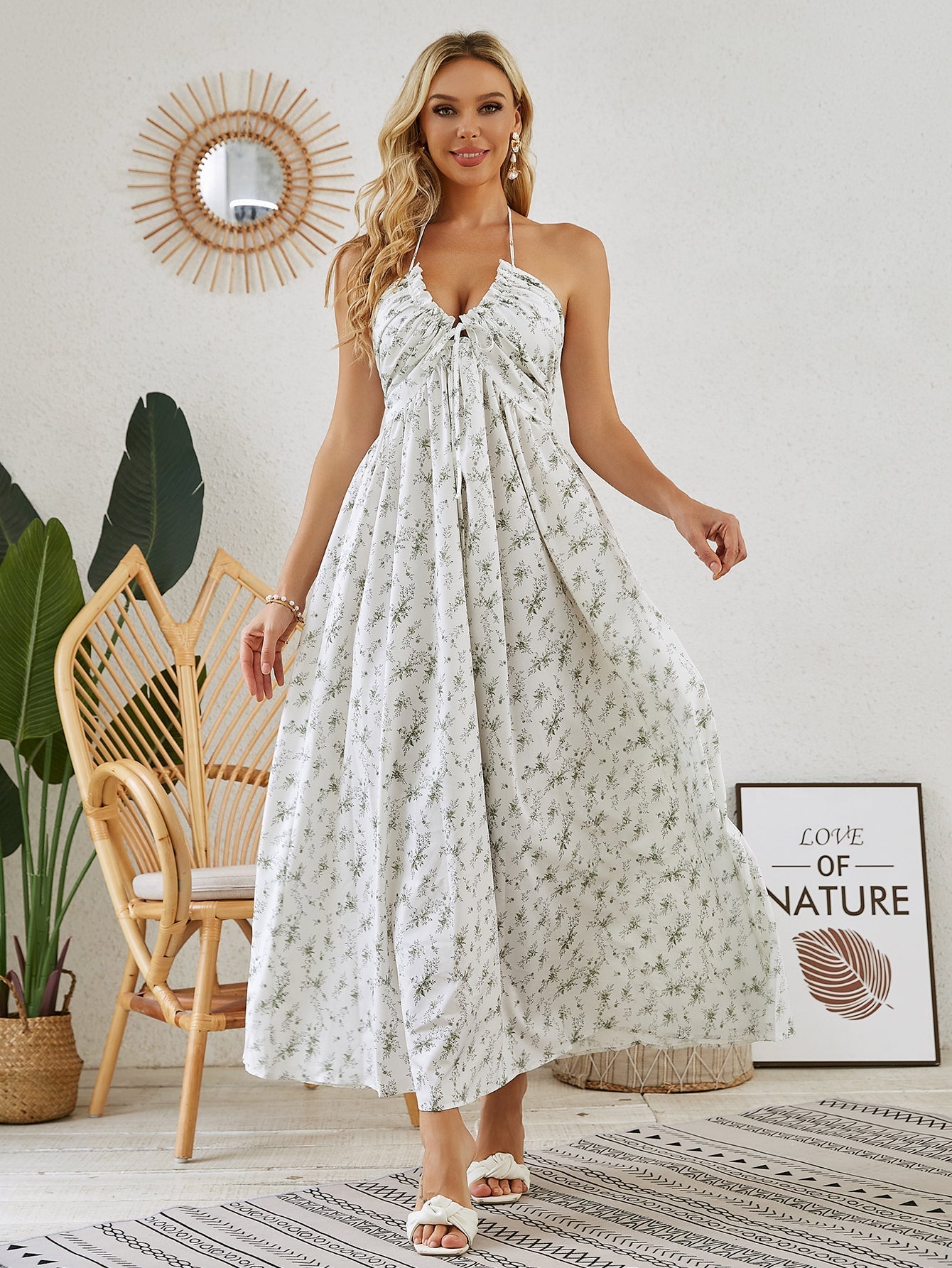 Sleeveless Print Tie Pleated Dress