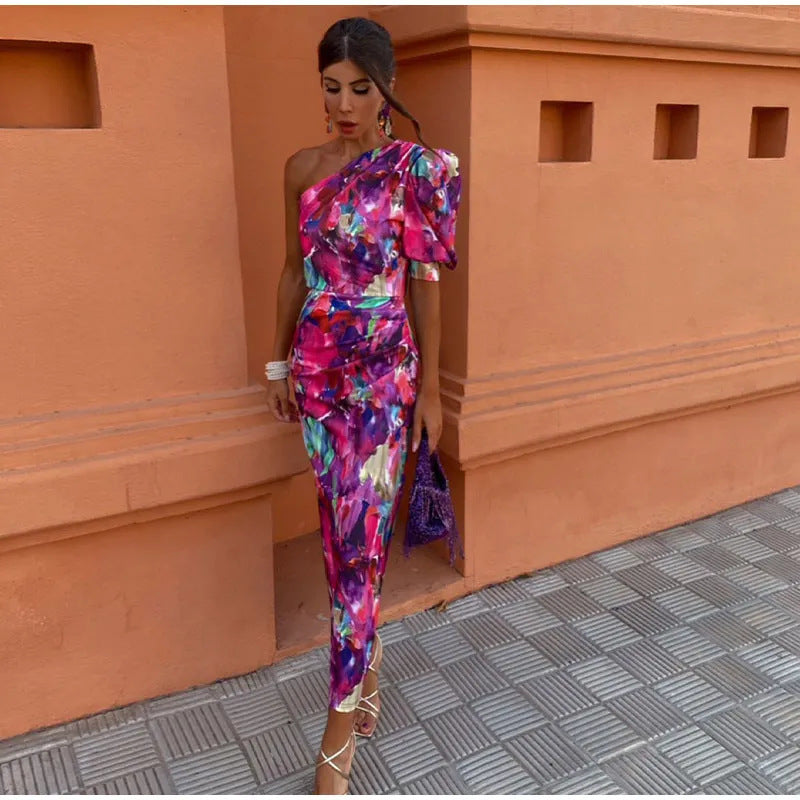 Yllana™ | Robe Midi Femme À Épaule Dénudée Violette