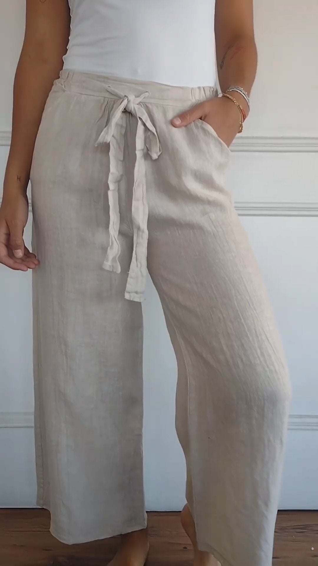 Pantalon Rayé en Coton et Lin