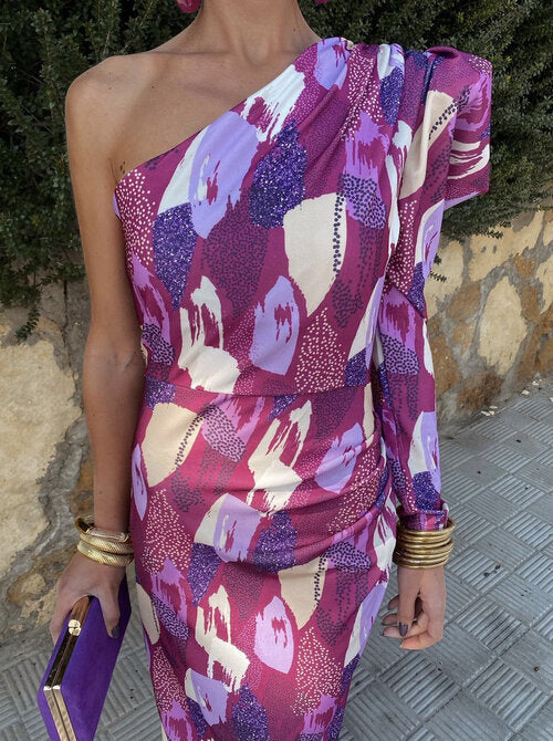 Yllana™ | Robe Midi Femme À Épaule Dénudée Violette