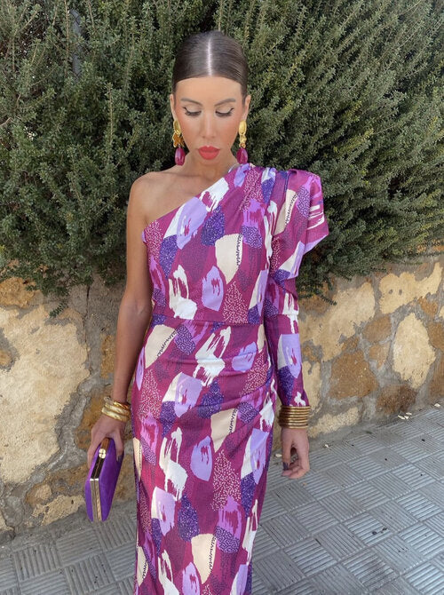 Yllana™ | Robe Midi Femme À Épaule Dénudée Violette