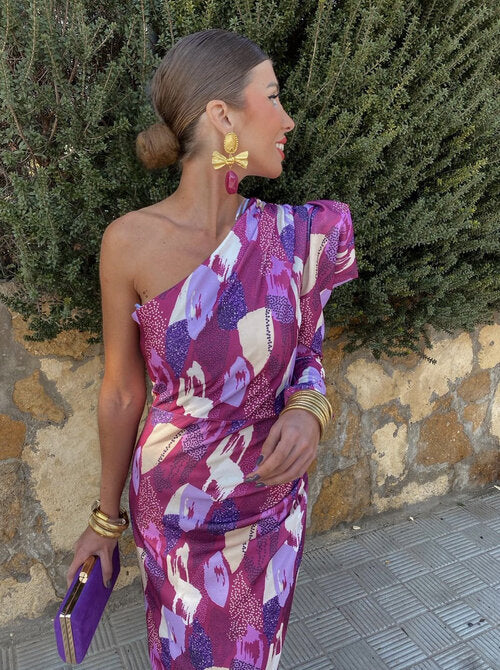 Yllana™ | Robe Midi Femme À Épaule Dénudée Violette