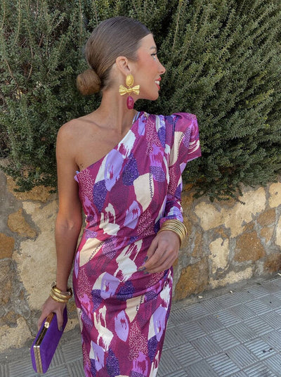 Yllana™ | Robe Midi Femme À Épaule Dénudée Violette